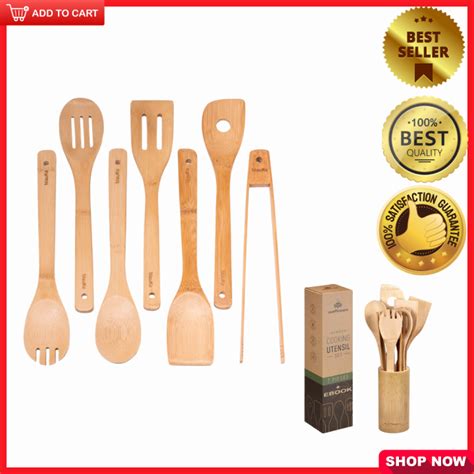 Natural Wooden Utensils Set With Holder 8 In 1 Eco Friendly Bamboo