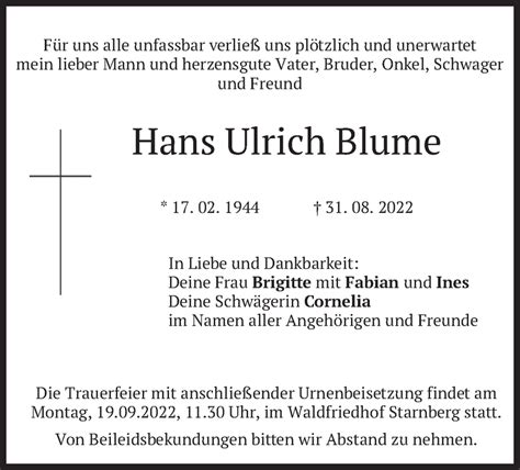 Traueranzeigen Von Hans Ulrich Blume Trauer Merkur De