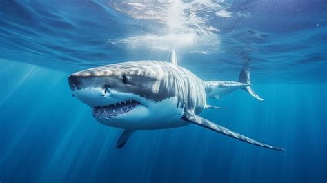 El gran tiburón blanco carcharodon carcharias en aguas azules Foto