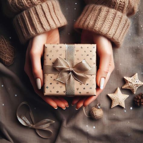 Premium Photo Top View Of Woman Hands Holding Gift Box Wrapped And