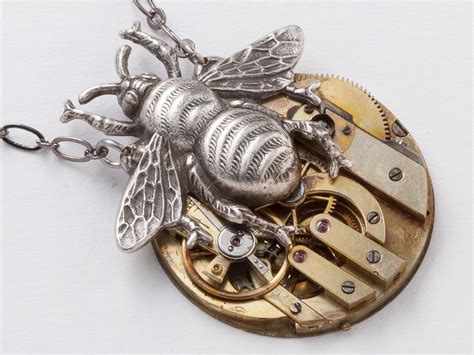 Steampunk Necklace Antique Key Wind Gold Pocket Watch Movement Gears