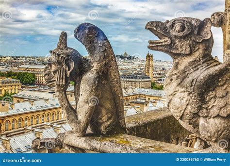 Gargoyles Notre Dame Church Old Buildings Paris France Stock Image