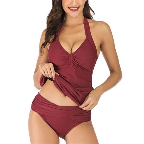 Femme Halter Neck Maillot De Bain 2 Pièces Push Up Tankini Rembourré Bikini Classique Couleur