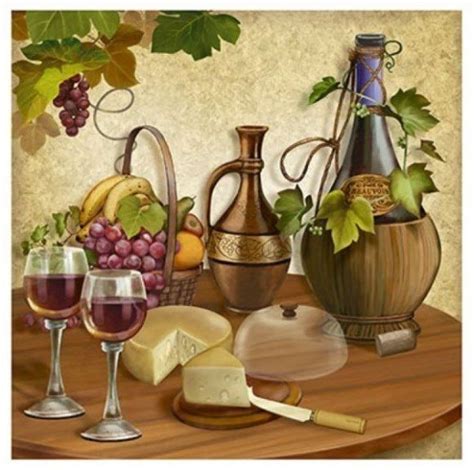 A Painting Of Wine And Cheese On A Table