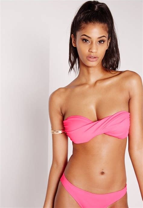 Missguided Twist Bandeau Bikini Top Hot Pink Mix And Match Bikini Tops Bikinis Bandeau