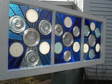 Cobalt Blue Stained Glass Window Old Canning Jar Glass Lids Vintage Antique Inserts Old