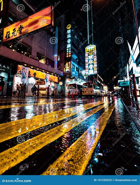 Neon Lights In Rainy Hongkong Streets At Night Editorial Image Image