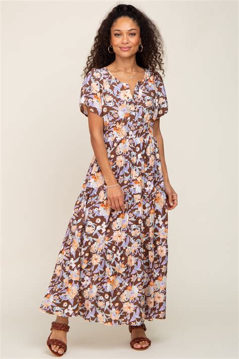 Brown Floral Print Smocked Maxi Dress Pinkblush