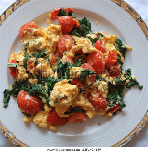 Realistic Photo Scrambled Eggs Spinach Tomatoes Ai Generated Image