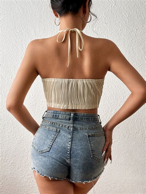 Shein Bae O Ring Detail Tie Backless Hanky Hem Halter Top Shein Usa