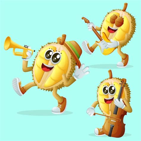 Lindos Personajes De Durian Tocando Instrumentos Musicales Vector