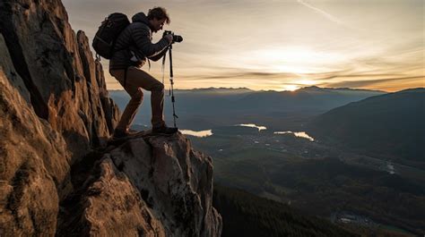 Premium AI Image Extreme Photographer Hanging On A Cliff Took Photos