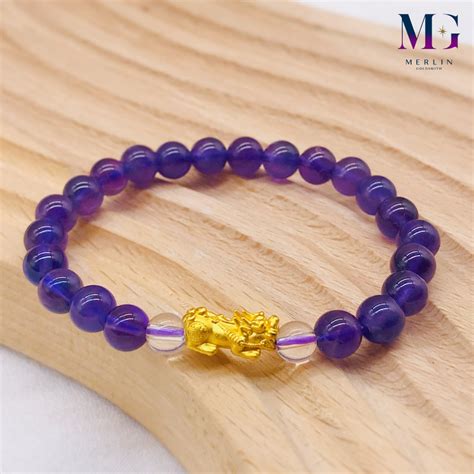 999 24k Pure Gold Lucky Pixiu Paired With Purple Crystal Beads