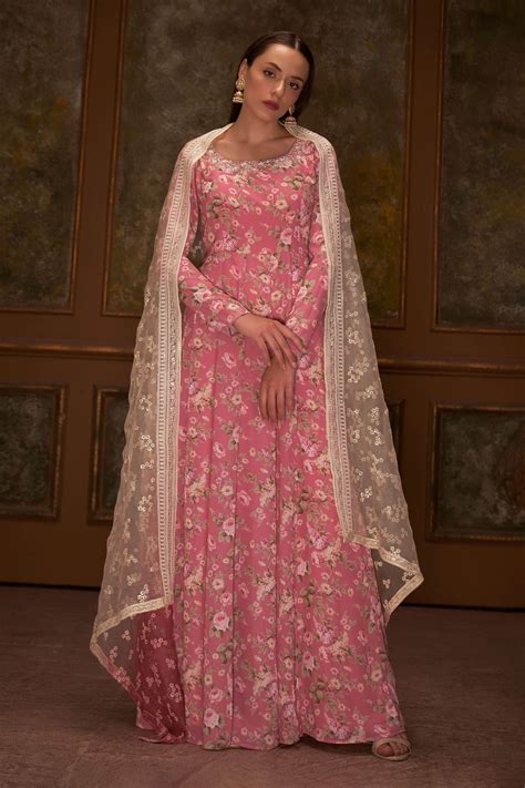 Buy Pink Georgette Printed Floral Motifs Anarkali With Embroidered