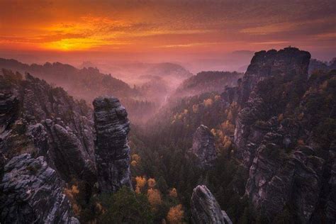 nature, Landscape, Sunset, Mountains, Forest, Fall, Mist, Sky, Clouds ...