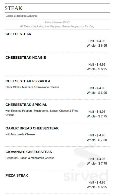 Giovannis Pizza Menu In Jamison Pennsylvania Usa