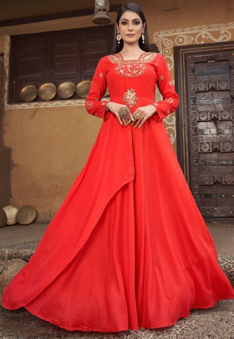 Buy Embroidered Muslin Silk Flared Gown In Red Online TWJ4678 Utsav