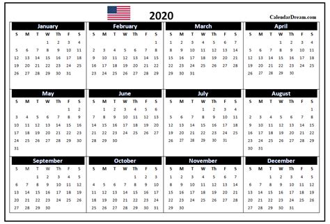 2020 Calendar Printable Usa