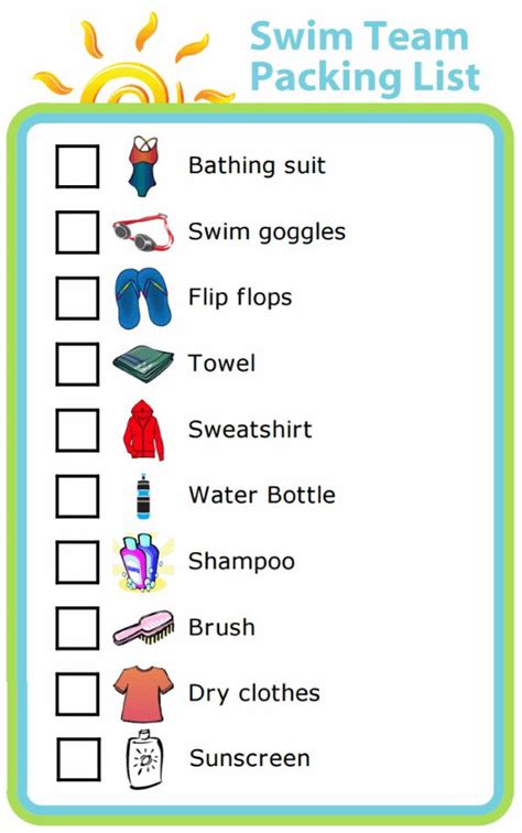 Free Printable - Swim Team Packing List | Chores for kids, Age ...