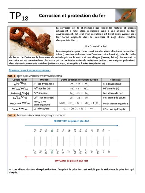 Tp N°18 Corrosion Et Protection Du Fer Pdf