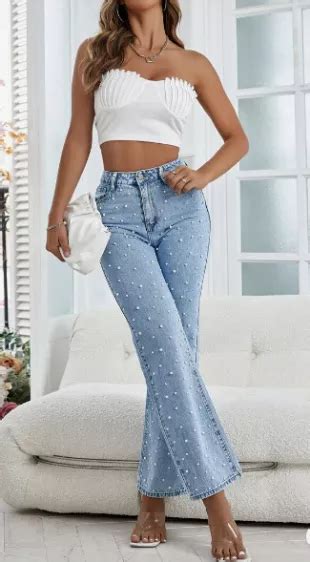 Shein Pearls Beaded Flare Leg Jeans