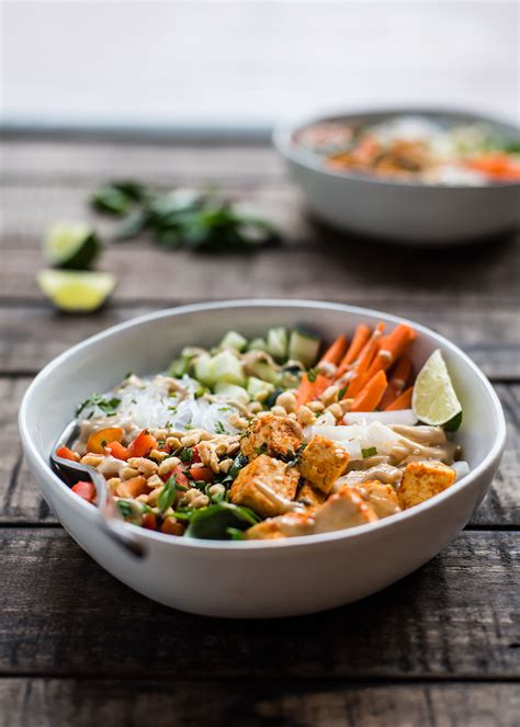 Cold Rice Noodle Bowls With Sriracha Tofu Thai Basil Tahini Sauce