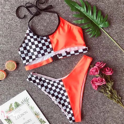 Race Checkered Bikini Set Hot Orange High Leg Swimsuit Bikinis