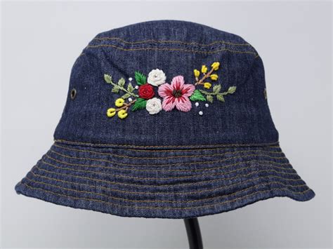 Demin Jean Navy Bucket Hat Hand Embroidered Flower Cap Short - Etsy