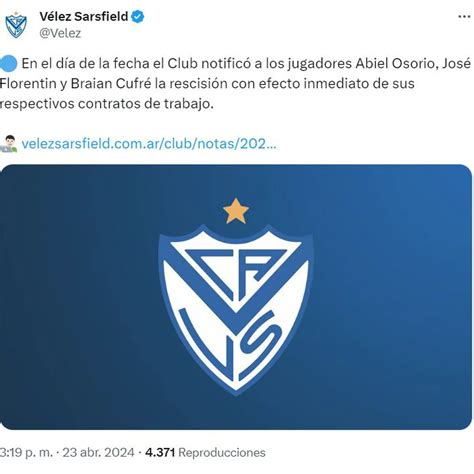 Vélez Rescindió Los Contratos Con Abiel Osorio José Florentín Y Braian Cufré Los Futbolistas