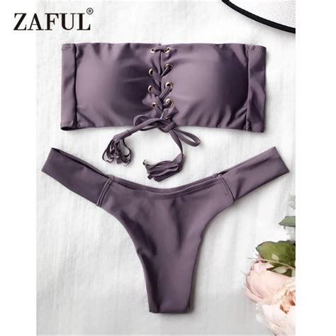 Zaful New Push Up Bikini Lace Up Bandeau Biquini Swimsuits