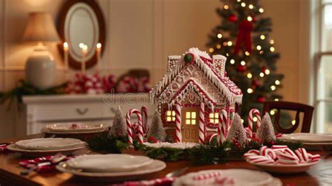 A Beautifully Crafted Gingerbread House Complete With Candy Cane Fences