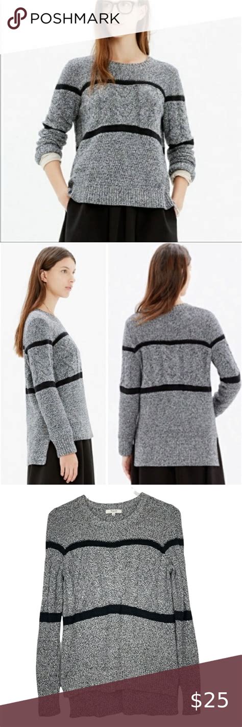 Madewell Patternstorm Gray Black Cable Knit Crewneck Sweater Womens