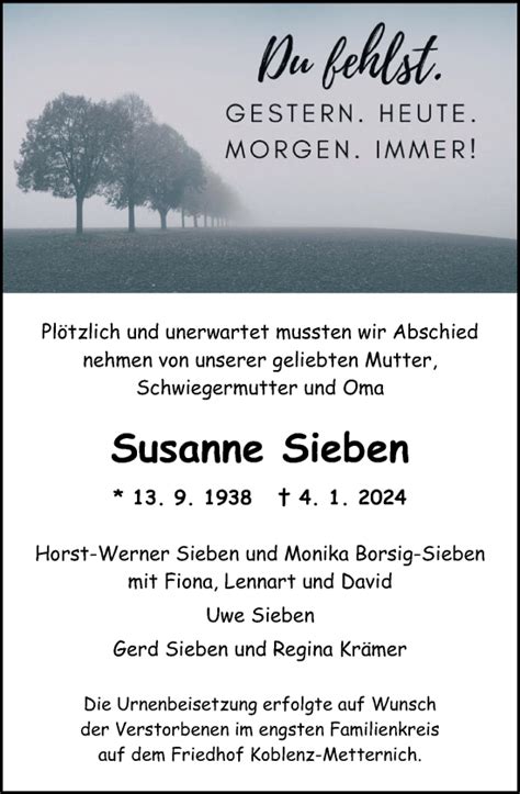 Traueranzeigen Von Susanne Sieben Rz Trauer De