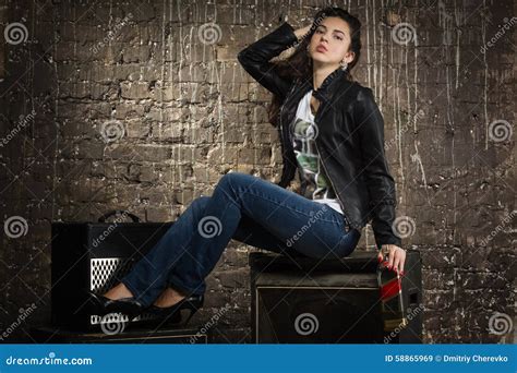 Pretty Brunette Woman In Leather Jacket Stock Image Image Of