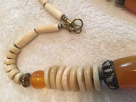 Tribal Style Amber Bone Brass Necklace 20 Long Gem