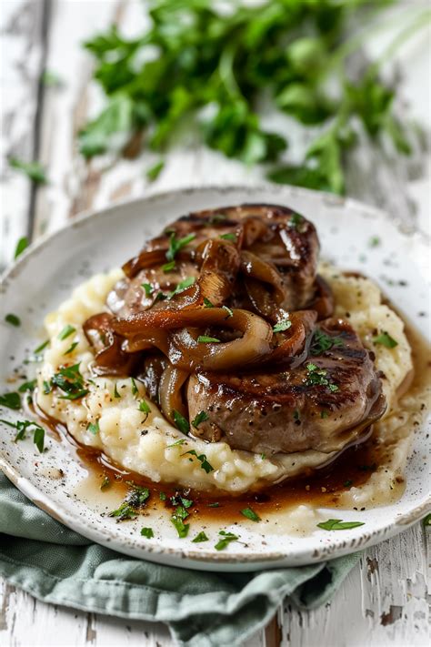 Hígado de Ternera Encebollado con Puré de Coliflor Ajo Asado y Queso