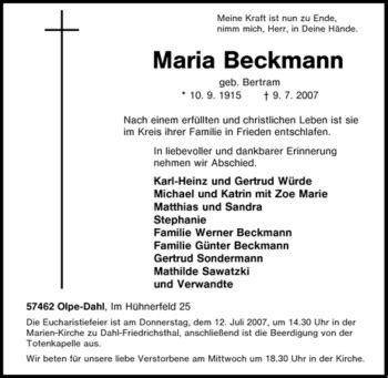 Traueranzeigen Von Maria Beckmann Trauer In Nrw De