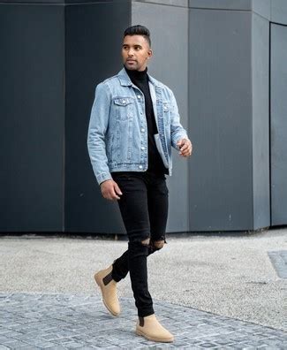 Men S Light Blue Denim Jacket Black Turtleneck Black Ripped Jeans