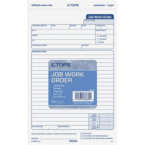 TOPS, TOP3868, Carbonless 3-Part Job Work Order Forms, 50 / Pack ...