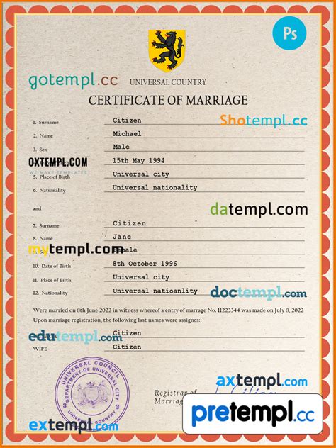 Grace Universal Marriage Certificate Psd Example Fully Editable Pretempl