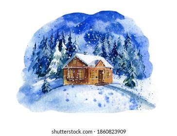 Watercolor Winter Woodland Scene Illustration Log