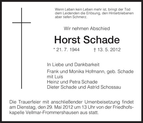 Traueranzeigen Von Horst Schade Trauer HNA De