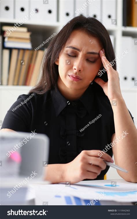 Tired Exhausted Chinese Woman Looks Documents Stock Photo 1119942965