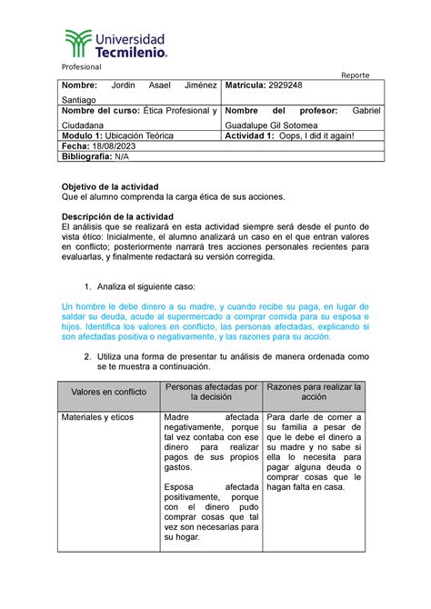 Actividad Etica Profesional Y Ciudadana Profesional Reporte Nombre