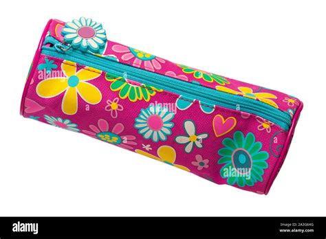 Colourful Pink Flowery Pencil Case Isolated On White Background Stock