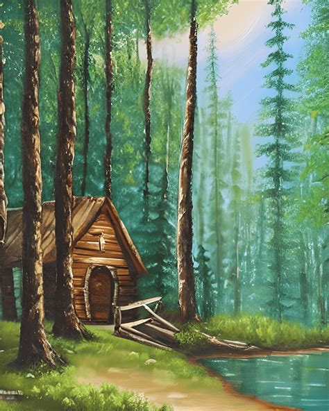 Bob Ross Forest Cabin Waterfall Painting Creative Fabrica