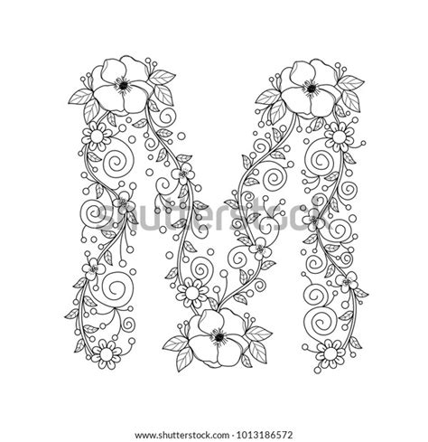 Floral Alphabet Letter M Coloring Book เวกเตอร์สต็อก ปลอดค่าลิขสิทธิ์