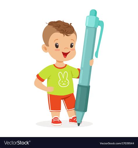 Cute Smiling Little Boy Holding Giant Blue Pen Vector Image