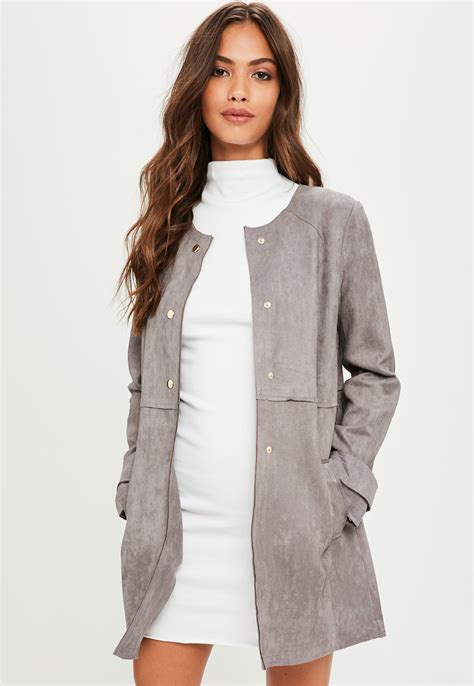 Lyst Missguided Grey Faux Suede Collarless Jacket In Gray