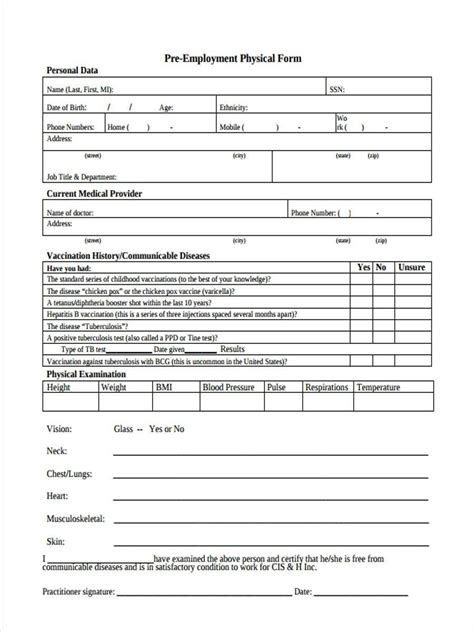 Pre Employment Medical Check Up Form Free 6 Assessment Form For